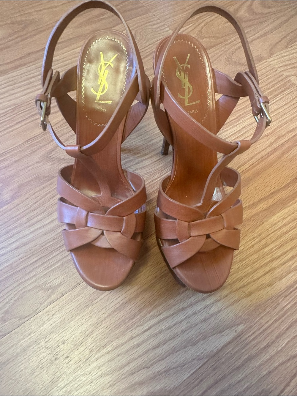 Yves Saint Laurent Tan Knotted Leather Platform Sandals